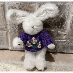 VTG Chrisha Rabbit Playful Plush 10 Inch White Bunny Purple Flowers Sweater 1988